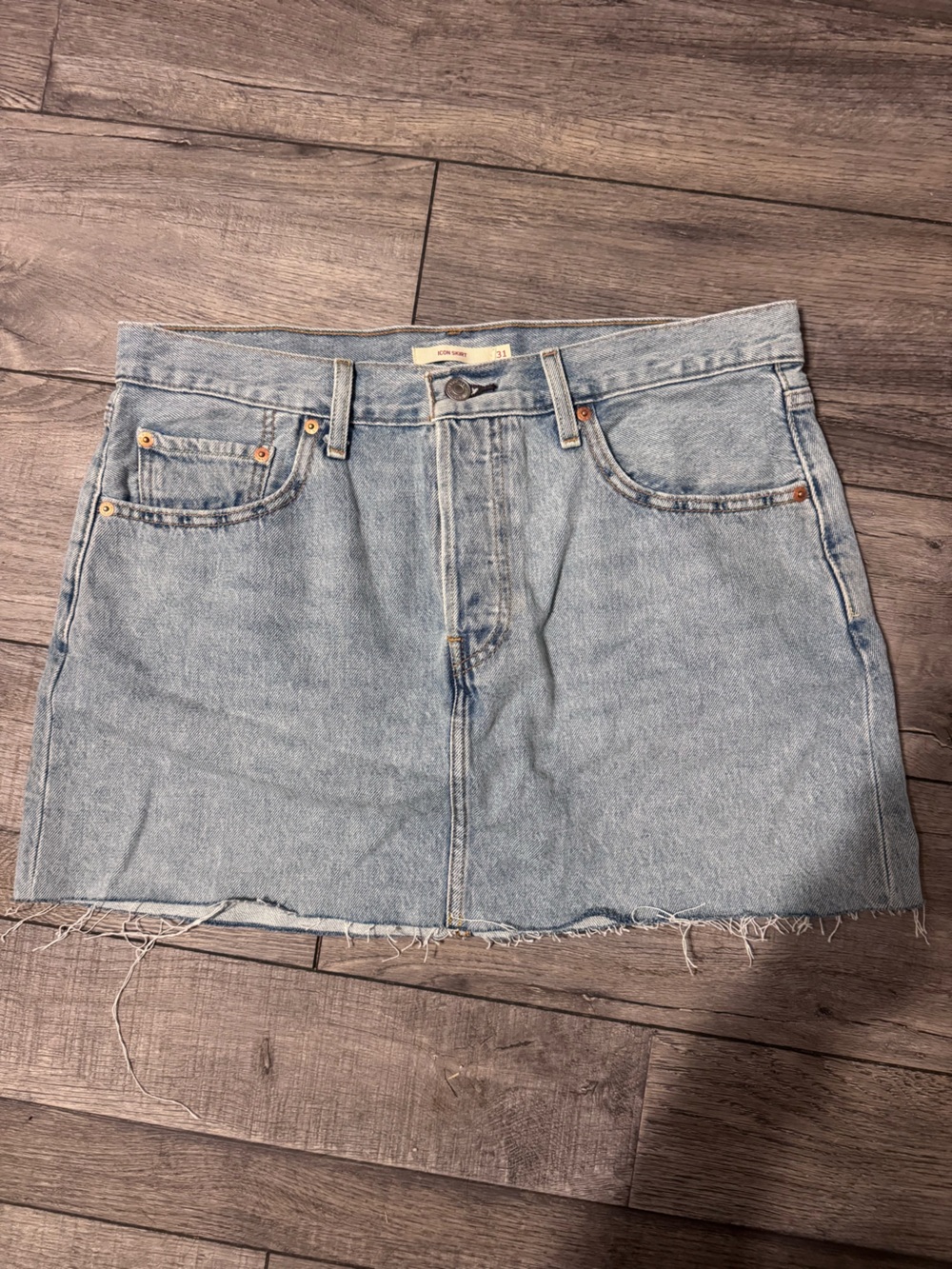 Levi's Light Blue Denim Skirt with Tan Leather Patch